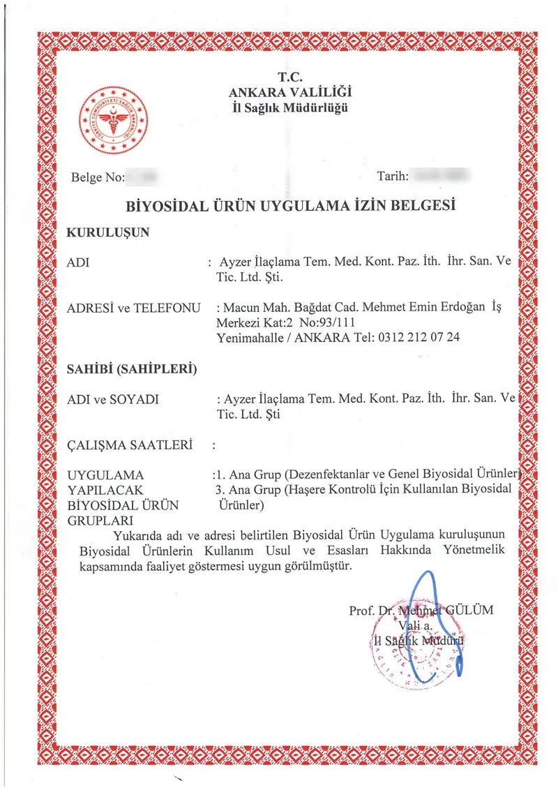 T.C. Ankara Valiliği İl Sağlık Müdürlüğü Biyosidal Ürün Uygulama İzin Belgesi