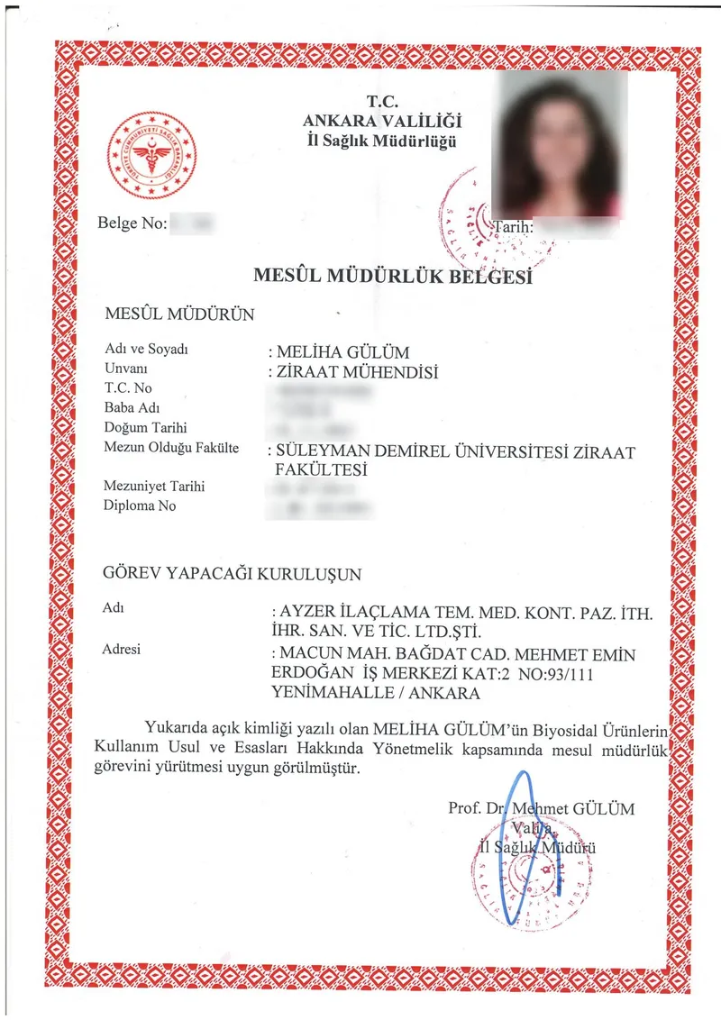 T.C. Ankara Valiliği İl Sağlık Müdürlüğü Mesul Müdürlük Belgesi
