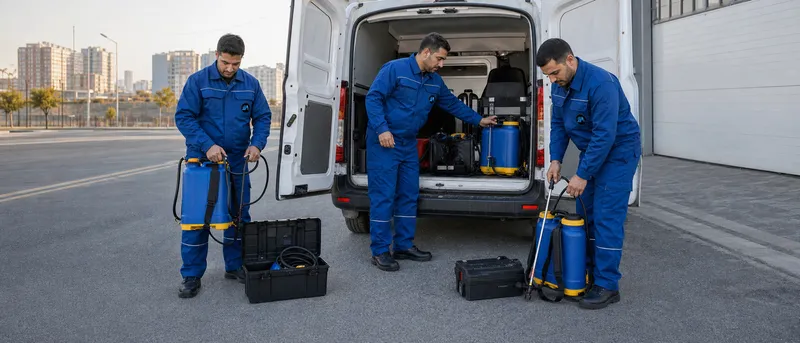 Sanayi bölgesinde servis aracının arka kapısında sırt pülverizatörlerini hazırlayan uygulama ekibi