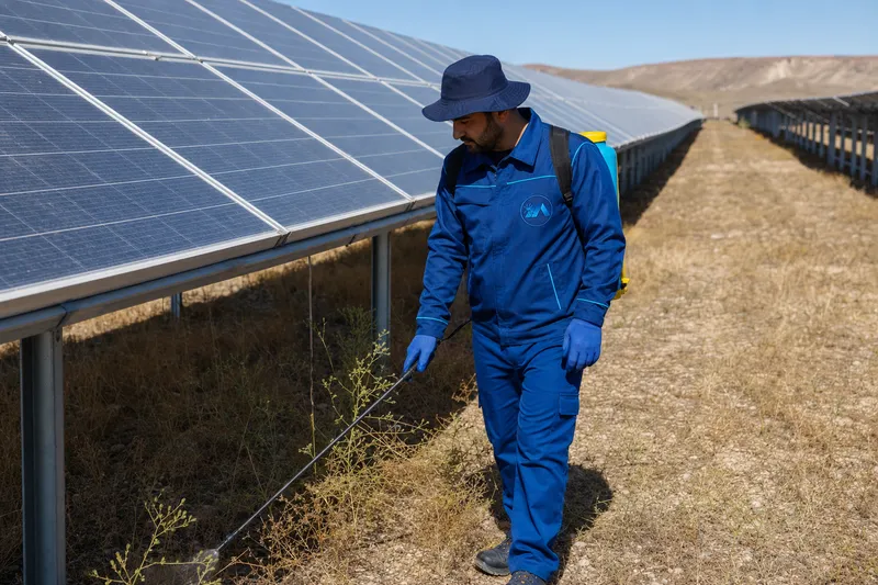 Güneş enerjisi santralinde panel sıraları arasında yabancı ot kontrolü yapan uygulayıcı