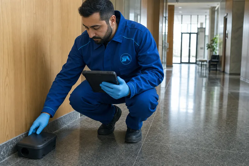 Kamu binası koridorunda duvar kenarındaki kemirgen istasyonunu tabletle kontrol eden uygulayıcı