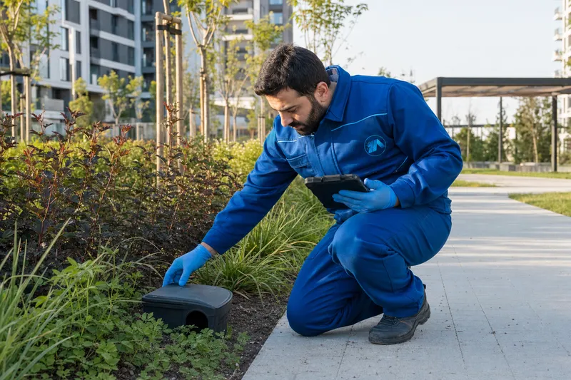 Site bahçesinde peyzaj kenarındaki kemirgen istasyonunu kontrol eden uygulayıcı
