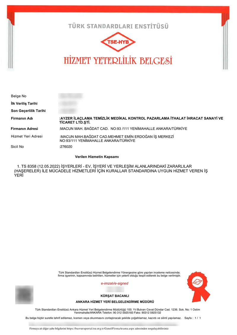 Türk Standardları Enstitüsü TSE Hizmet Yeterlilik Belgesi