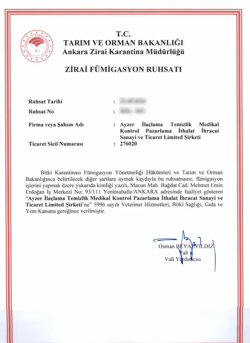 T.C. Tarım ve Orman Bakanlığı Zirai Fümigasyon Ruhsatı